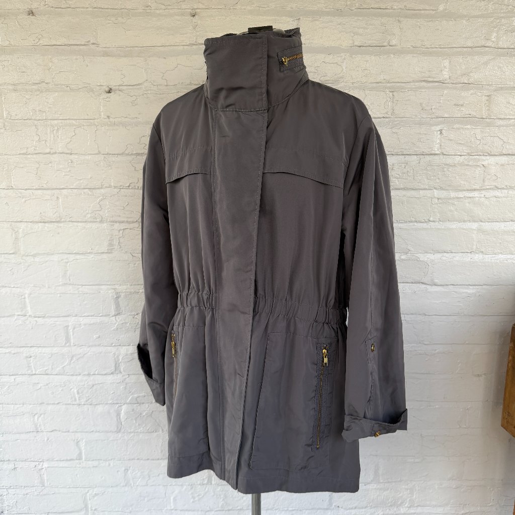 Tyler Boe Rain Windbreaker In Gray With Gold Snaps And Zippers Size Large